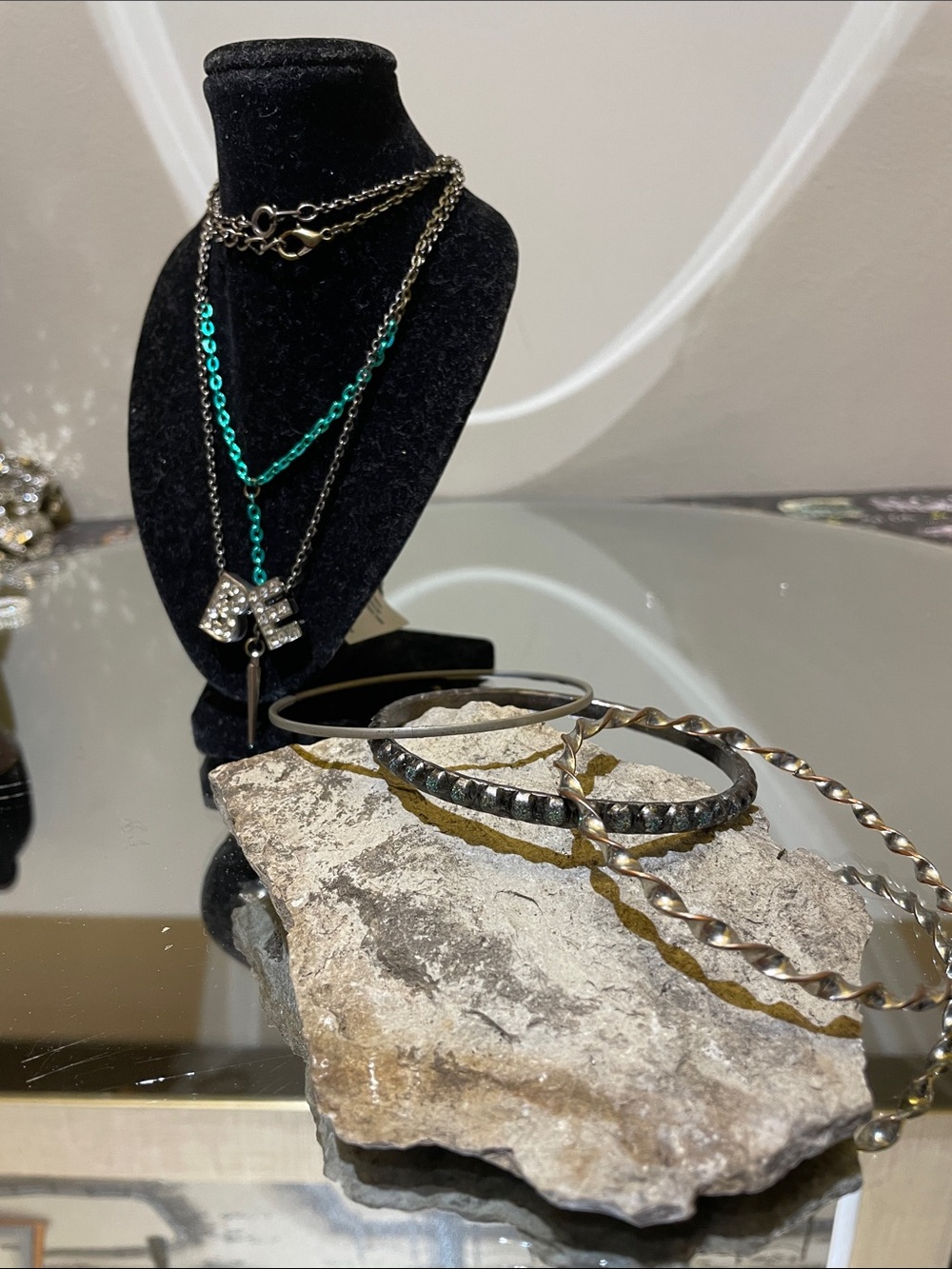 Silver and Turquoise Layered Necklace with Mixed Metal Bangles